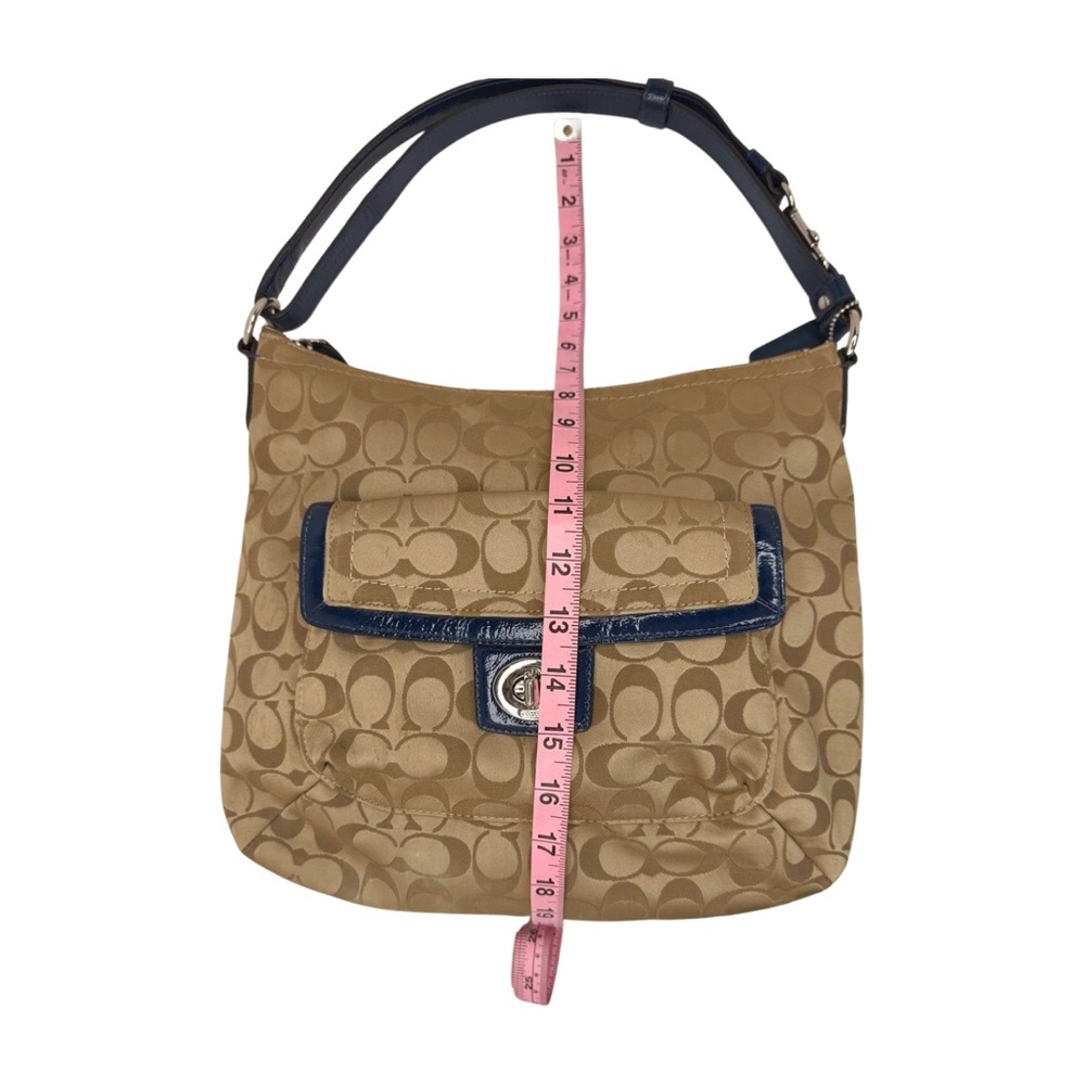 Coach 2012 Signature Jacquard Shoulder Bag Blue Leather Trim Turnlock F12699 - Picture 11 of 12